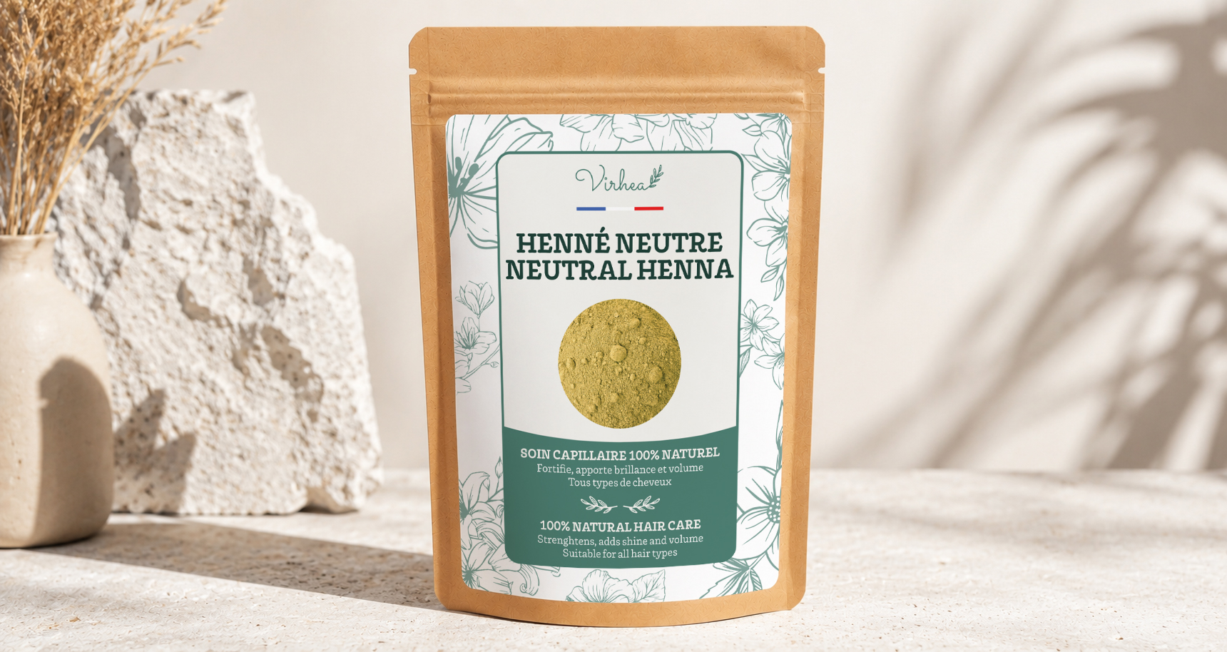 A custom-branded henna powder kraft pouch with a printed label, in neutral tones, ready for a retailer's own brand